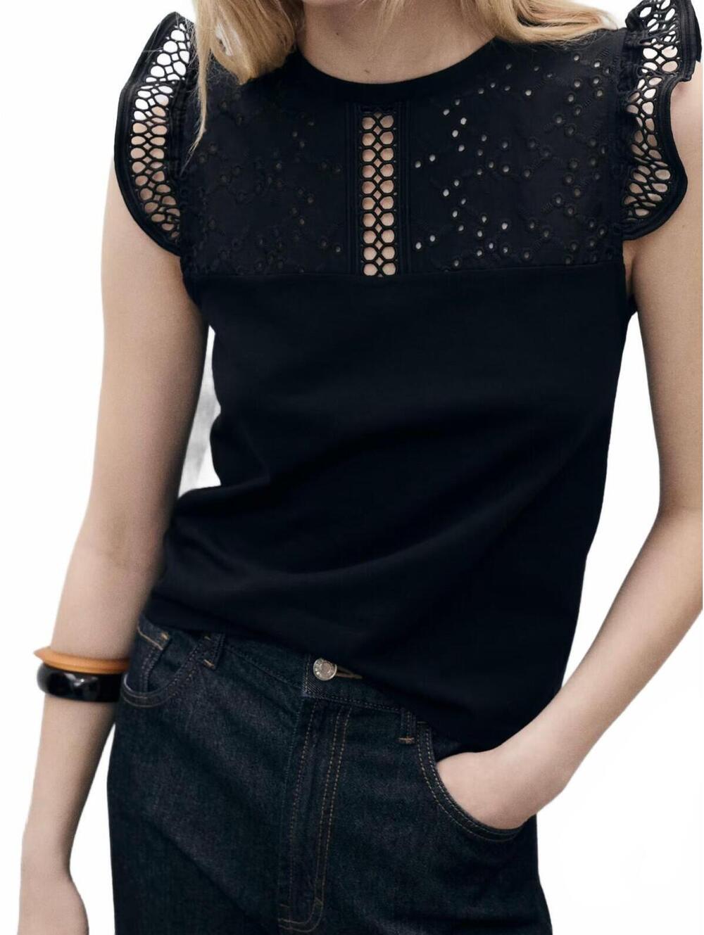 Mango Cotton Top with Lace Neckline NWT Black Small